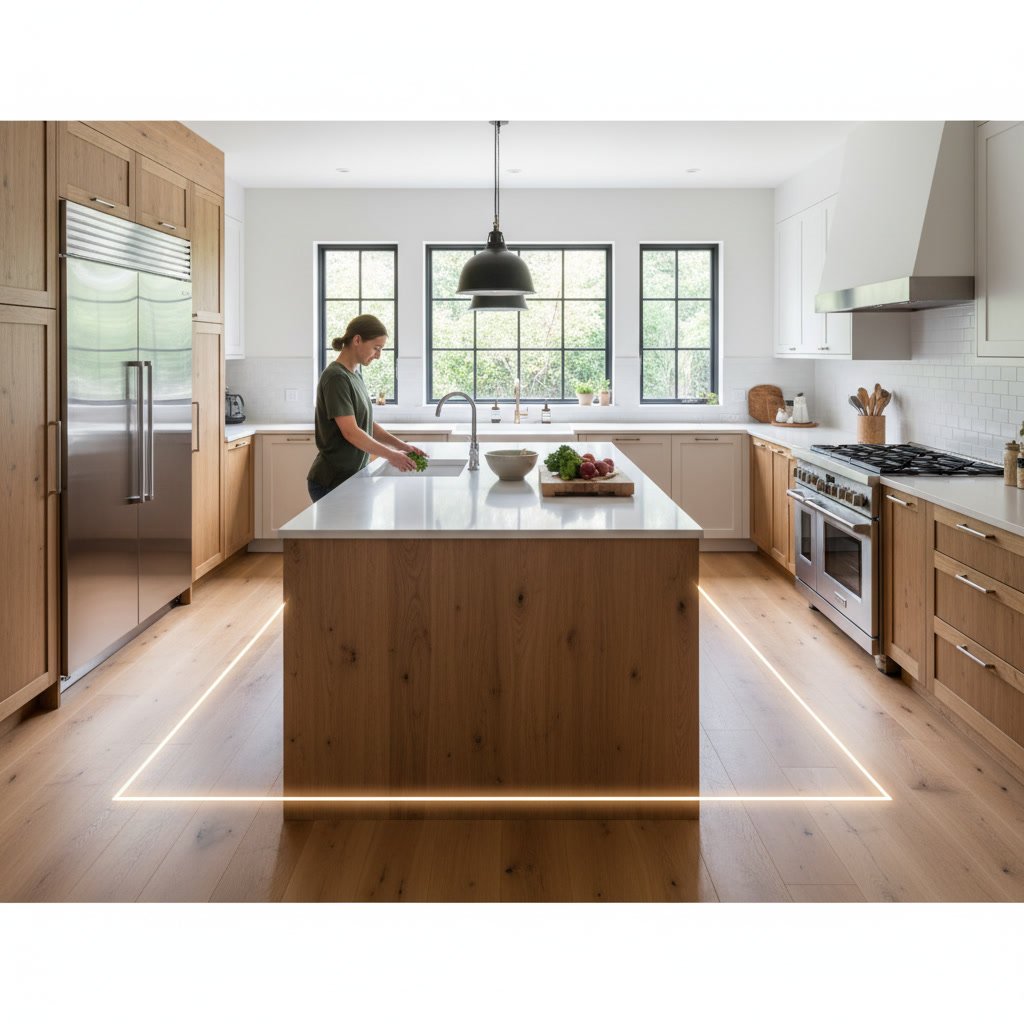 Kitchen layout blueprint showing work triangle and clearance zones