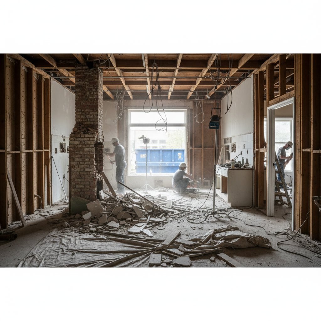 Kitchen demolition showing exposed wall studs and electrical wiring