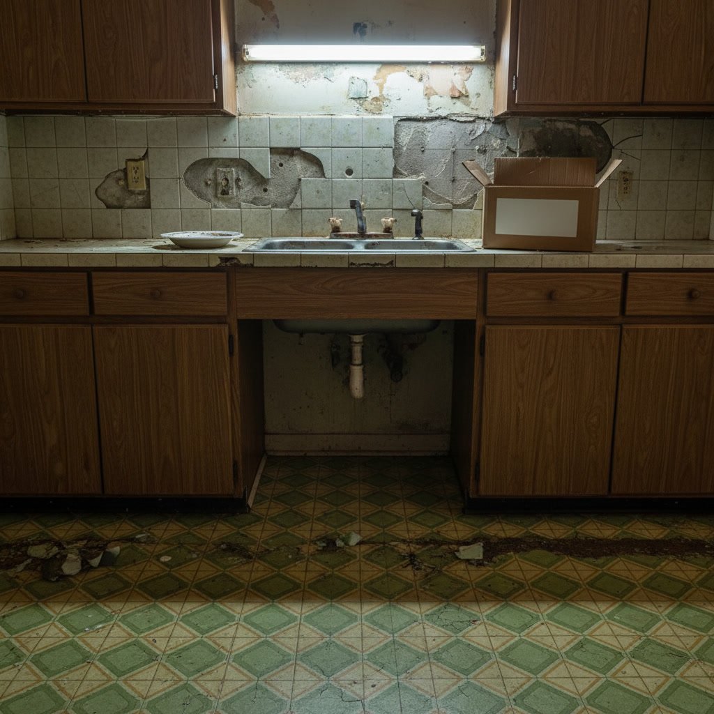 Damaged kitchen countertops and flooring requiring comprehensive remodel