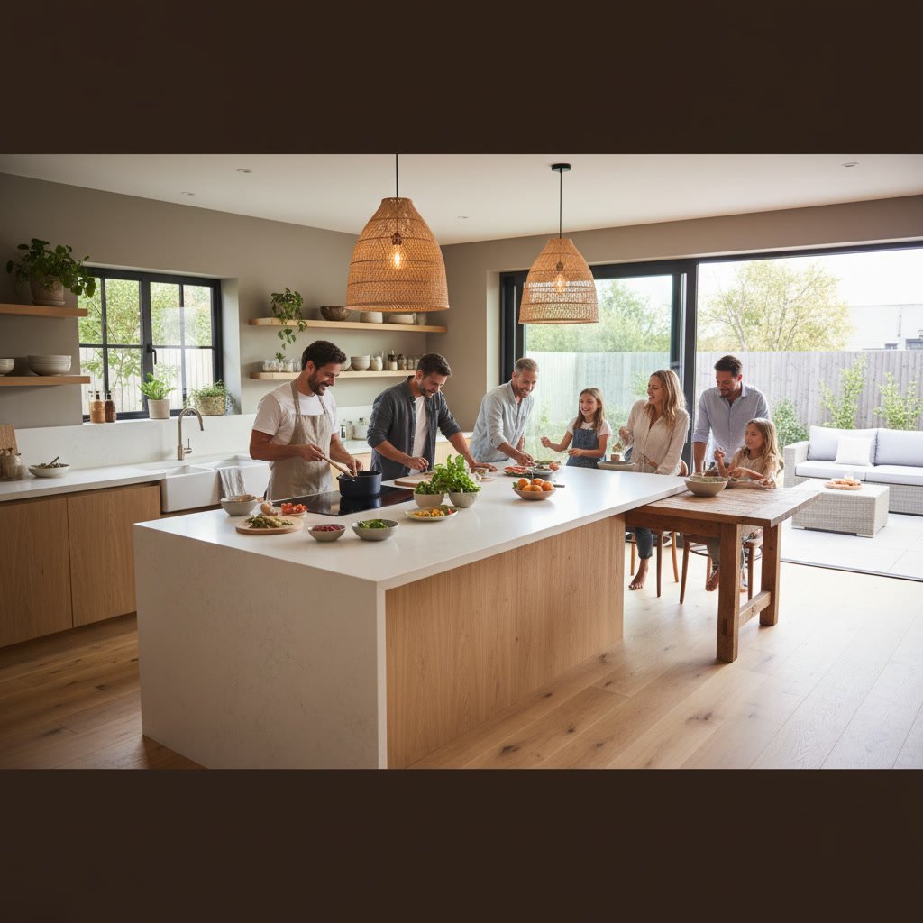 Family gathering around kitchen island during meal preparation