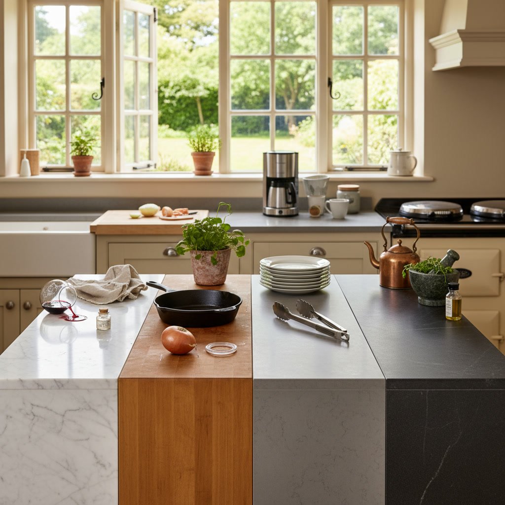 Kitchen island with quartz countertop and pendant lighting