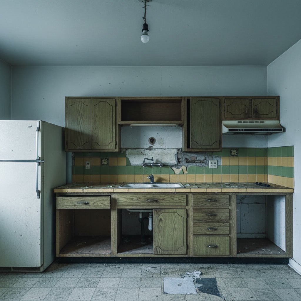 Homeowner evaluating outdated kitchen layout considering full remodel