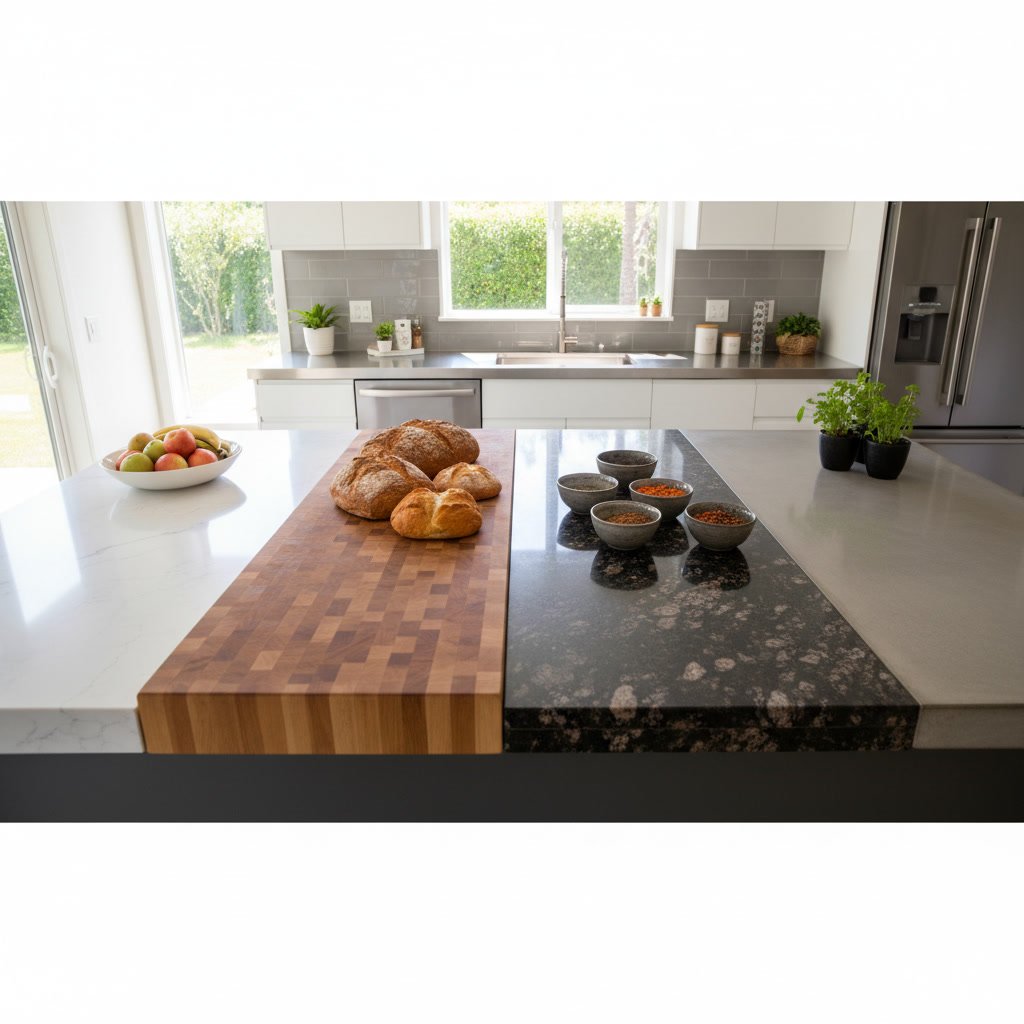 Various kitchen countertop material samples displayed for comparison