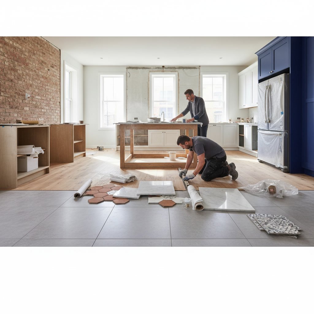 Modern kitchen remodel with newly installed flooring and updated cabinetry