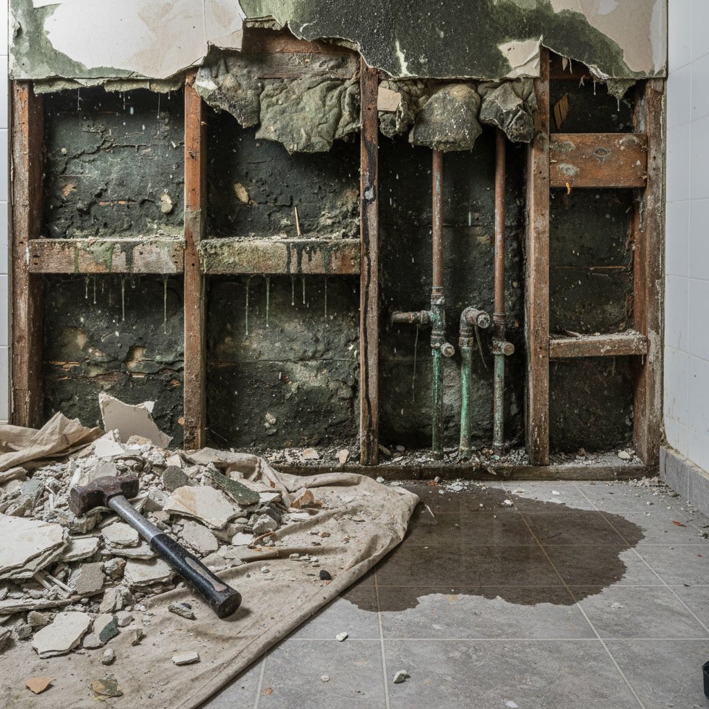 Water damaged bathroom floor and walls requiring full remodel