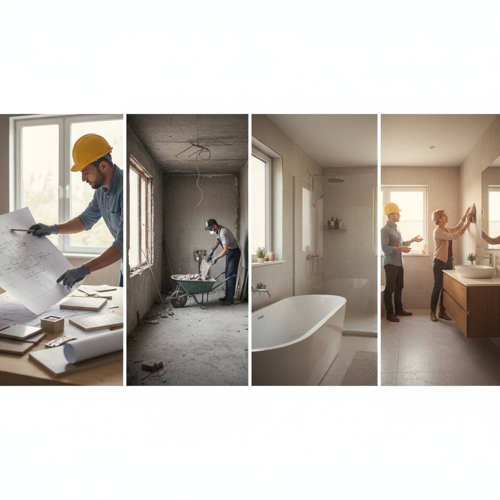 Professional bathroom remodeling project showing modern fixtures and tile work